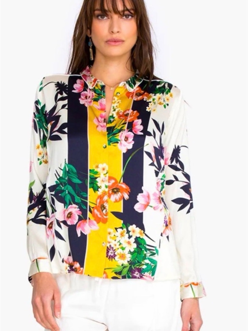 Floral Stripe Button-Front Blouse